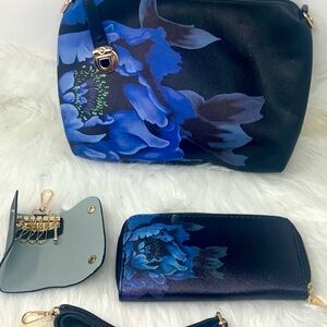 New Floral Black and Blue Women's Bag Set Purse, wallet, key holder, strap NWOT